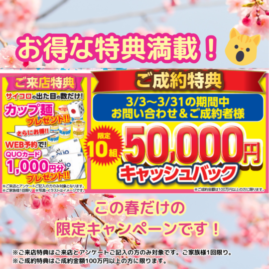 ガイソー淡路島店の2024年3月から始まる春の塗装祭りでは、ご成約特典5万円キャッシュバック、ご来店特典はカップ麺プレゼントなどお得が目白押しです。